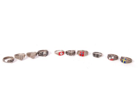 A collection of 10x ' fantasy piece ' WWII Second World War inspired German Third Reich Nazi finger rings. Each decorated wit