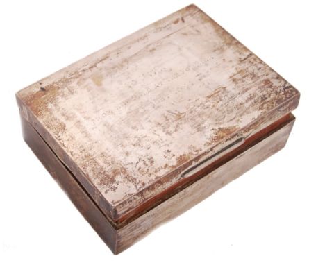 A WWII Second World War hallmarked silver cigarette / trinket box with a wooden lined interior, the lid having notation to to