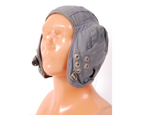 A WWII Second World War British RAF Royal Air Force issue uniform flying helmet. Comprising of a blue cotton soft helmet, lea