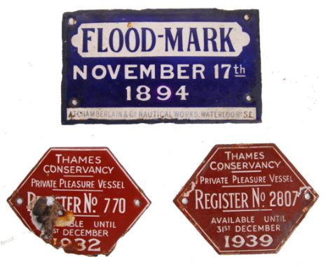 A selection of late 19th century and early 20th century enamel signs to include 2x Thames Conservancy enamel license plates f