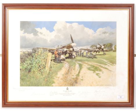 ' Double Trouble ' by Geoff Nutkins. Beautiful framed and glazed print depicting ' Armourers load(ing) rockets onto Typhoons 