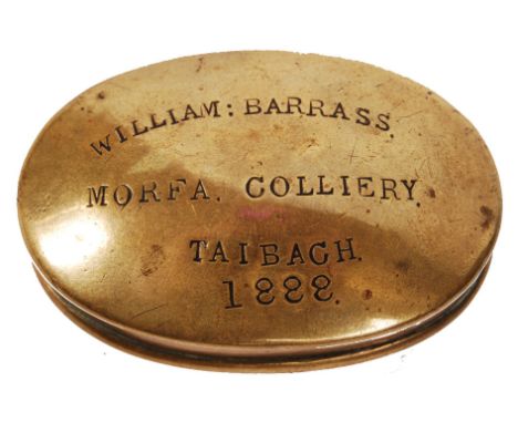 An incredibly rare 19th century antique small brass tobacco or snuff box, punched to top ' William Barrass - Morfa Colliery, 
