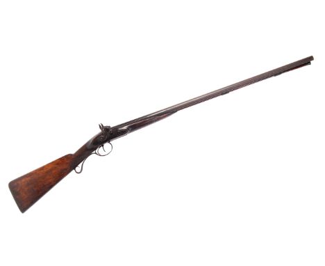 A 19th century antique double barrelled percussion sporting shotgun. Walnut stock, with chequered grips, pineapple finial to 