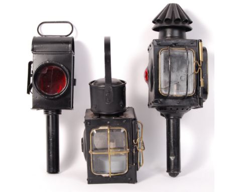 A collection of 3x antique / vintage brass carriage (and other) lamps. to include a small caged oil lamp with carry handle, a