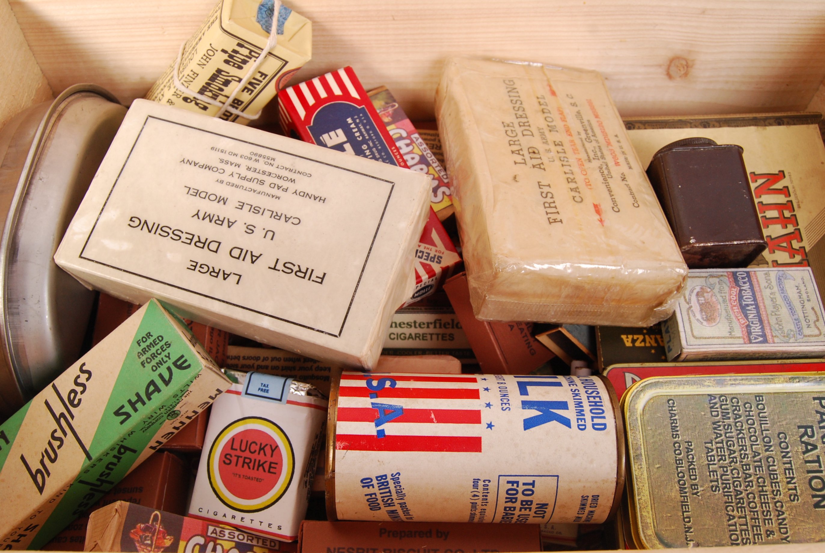 A WWII Second World War style ' Rations ' crate. Filled with assorted ...