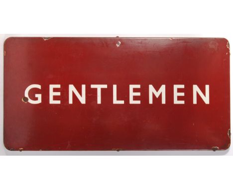 A rare original vintage British Railways ' BR ' ' Gentlemen ' enamel station sign. Maroon and cream, in typical BR form. Whit