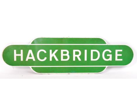 A rare original British Railways Southern Region double flanged enamel totem sign for ' Hackbridge '. Green ground, with whit