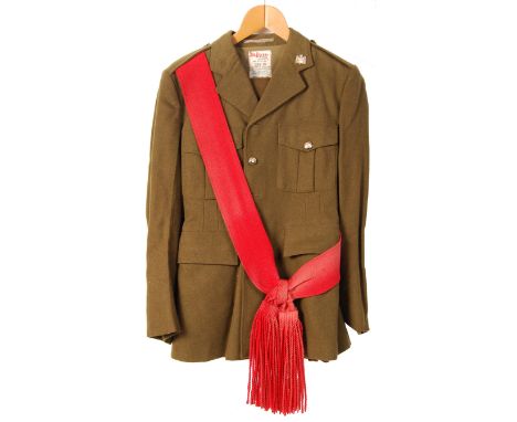 A post war British military Royal Leicestershire regiment H. Edgard &amp; Sons No.2 dress uniform with red sash and trousers.