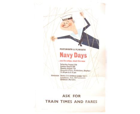 A rare vintage 1960's British Rail ' Portsmouth &amp; Plymouth Navy Days ' excursion poster. Illustration to top of a sailor,
