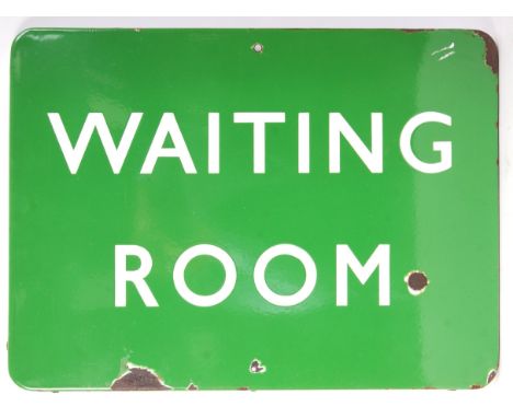 A rare original vintage British Railways ' BR ' Southern Region ' Waiting Room' enamel station sign. Green and white, in typi
