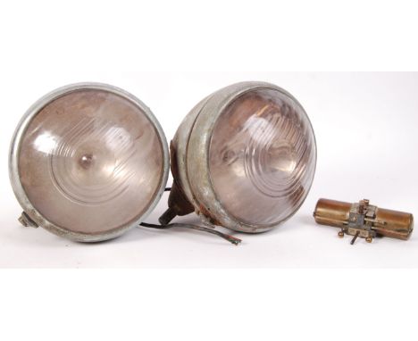 A pair of vintage early 20th century automobile ' King Of The Road ' Joseph Lucas LTD car headlights. The domed glass lenses 