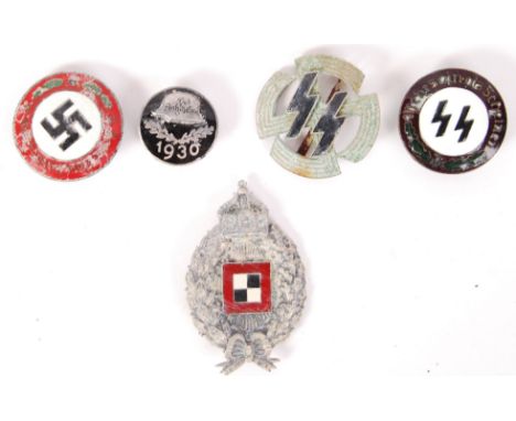 A collection of 5 x assorted WWII Second World War German Nazi Third Reich reproduction enamel badges to include; ' SS ' spor