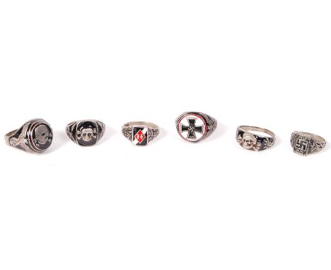 A collection of 6x ' fantasy piece ' WWII Second World War inspired German Third Reich Nazi finger rings. Each decorated with