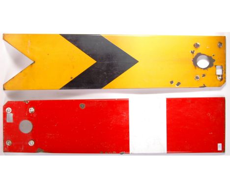 A pair of large vintage Railway platform / roadside signal plates / signs. Both enamel painted, one in yellow the other in re