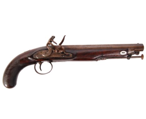 An antique 19th century long barrelled flintlock pistol. Iron furniture, with lock plate and hammer finely engraved, and a pi