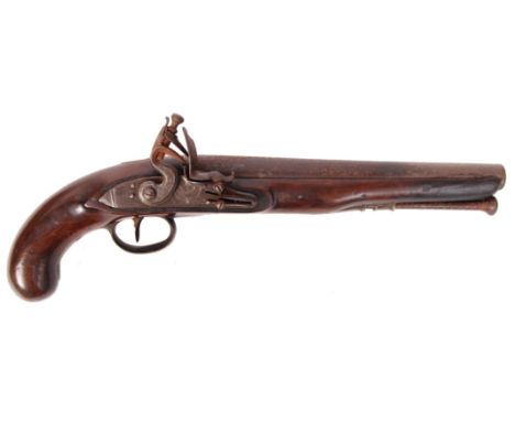 An antique late 18th / early 19th century Naval flintlock pistol. The lock plate engraved with arrow and flag motif. The barr