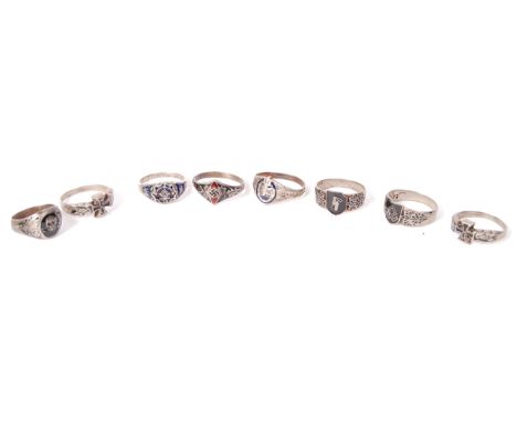 A collection of 8x ' fantasy piece ' WWII Second World War inspired German Third Reich Nazi finger rings. Each decorated with