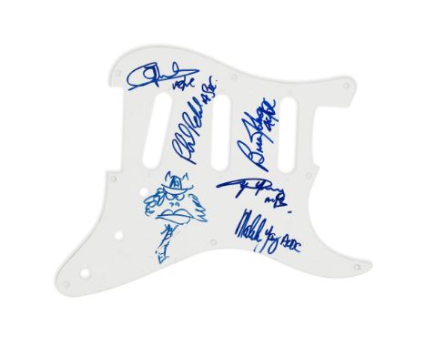 AC/DC: An Autographed Pickguard,circa 2000white pickguard signed in blue ink by Angus Young, Malcolm Young, Phil Rudd, Brian 