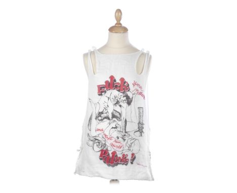 Westwood/McLaren: A F**k Your Mother Muslin Shirt Owned By Steve Strange,1977,sleeveless white muslin shirt, with cut-away sh