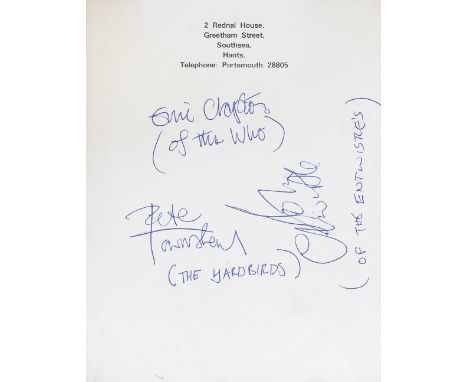 The Who/Eric Clapton: A Set of Signatures Acquired On The Set Of 'Tommy',circa 1974,comprising two sheets of headed paper, on