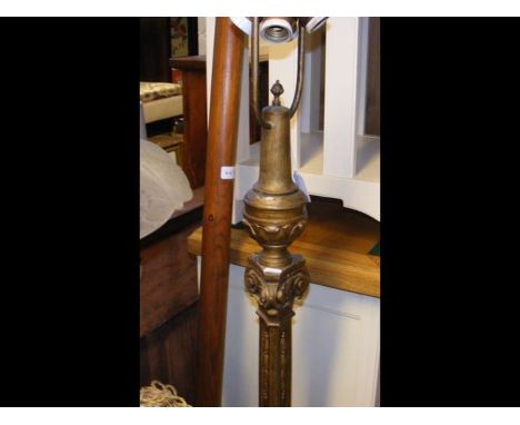 A gilt standard lamp, together with hardwood curtain rail 