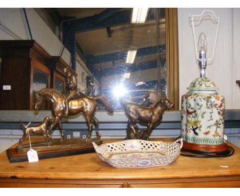 A bronzed statue of man on horse, Oriental table lamp, together with assorted collectables 