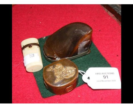 A Japanese decorated pill box, together with a snuff box and a pin cushion 