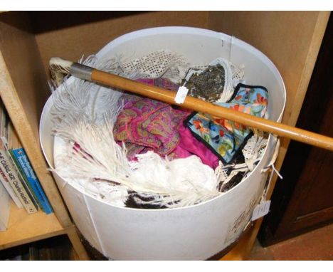 Vintage linen, some other fabrics, together with silver topped walking stick 