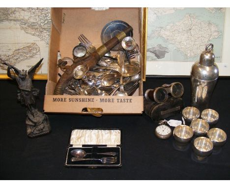 A cased silver spoon and fork, silver plated cutlery, a pocket watch, etc. 