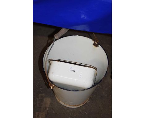 White enamel bucket and rectangular tin and lid