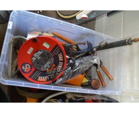 Box of assorted tools and extension leads