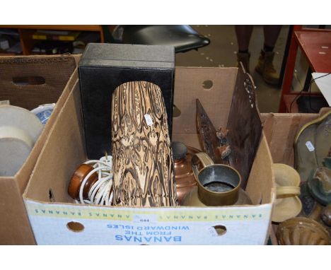 Mixed Lot: Leather document box, copper pans, lamp etc