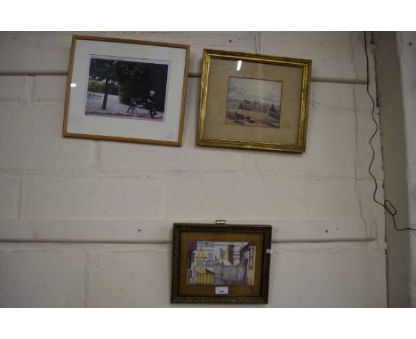 Architectural  abstract by Muriel Inwood together with a watercolour and a photograph of her husband painting