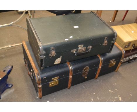 Large wooden bound travelling trunk and another smaller (2)