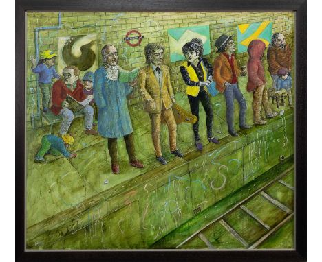 * JOHN JOHNSTONE ARSA (SCOTTISH b. 1941), WAITING FOR THE TUBE WITH BOB DYLAN oil on pannel, signed, titled verso  framedimag