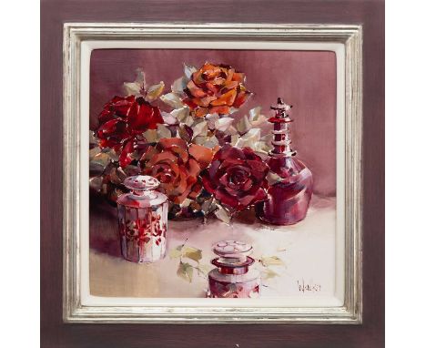 * ETHEL WALKER (SCOTTISH b. 1941) RED GLASS AND ROSES oil on board, signed, titled label versoframedimage size 44cm x 44cm, o