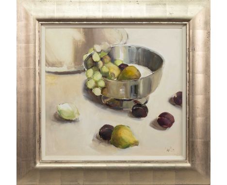 * ETHEL WALKER (SCOTTISH b. 1941) PEARS AND PLUMS oil on board, signed, titled and dated 1995 labels versoframed and under gl