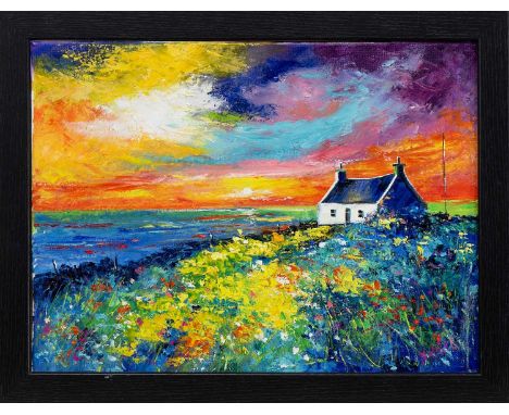 NATALIE SOUTER (SCOTTISH b. 1989), AUTUMN LIGHT AT ISLE OF GIGHA oil on canvas, signed, titled versoframedimage size 29.5cm x
