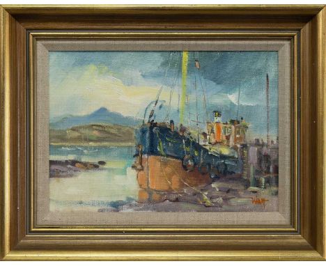 * JAMES WATT RGI (SCOTTISH 1931 - 2022), OLD PIER, BRODICK oil on canvas, signed, titled versoframed and under glassimage siz