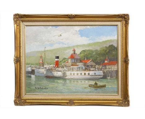 * IAN G ORCHARDSON (SCOTTISH 1927 - 1997), DUNOON PIER WITH DEPV TALISMAN AND BOW OF QUEEN MARY II oil on board, signed, titl