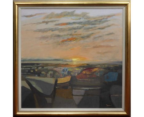 * DANNY FERGUSON RSW RGI (SCOTTISH 1925 - 1993) WEST COAST EVENING oil on board, signed, titled verso framed and under glassi