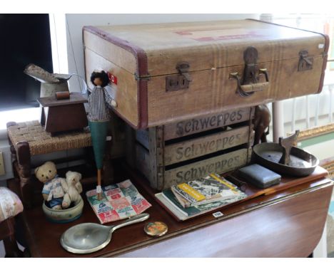 A deal tool-chest with a hinged lift-lid, 22¾” wide, containing various tools; together with a fibre-covered suitcase; a wire