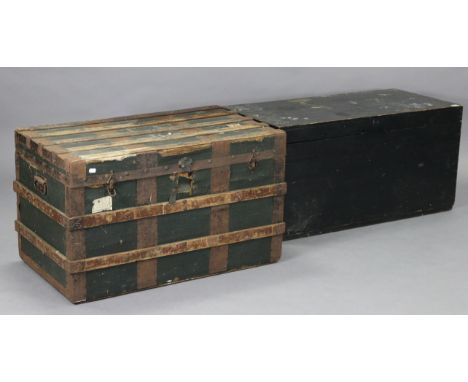 A black painted deal travelling trunk with a hinged lift-lid &amp; with iron side handles, 38” wide; &amp; a steal-bound trav