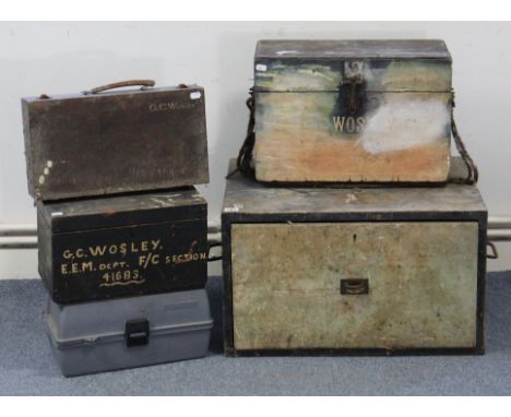 Various vintage hand tools contained in four wooden chests; &amp; a modern toolbox. 