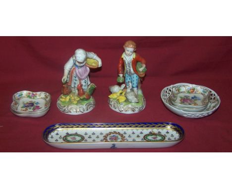 A pair of Dresden figures of a boy and girl feeding poultry, 4 1/2" (12cms) high, a Dresden oblong pen tray, four Dresden sma