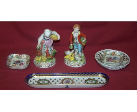 A pair of Dresden figures of a boy and girl feeding poultry, 4 1/2" (12cms) high, a Dresden oblong pen tray, four Dresden sma