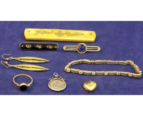 A silver and enamel Bar Brooch set with three pearls, another silver bar brooch, pair of gilt filigree earrings and other ite
