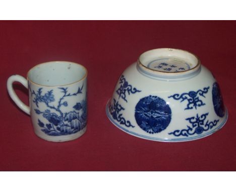 #  A Chinese Bowl painted in blue and white and with six character mark to base, Kangxi.  5" (12.5cms) diameter, (rim frits) 