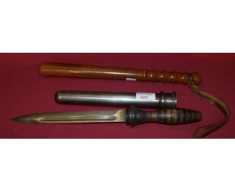 A Diver's Knife with wooden handle and metal scabbard, and wooden Truncheon.