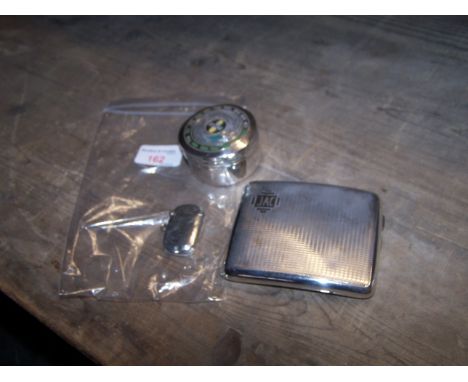 A silver Cigarette Case of rectangular engine turned form, a silver vesta and circular box (unmarked).